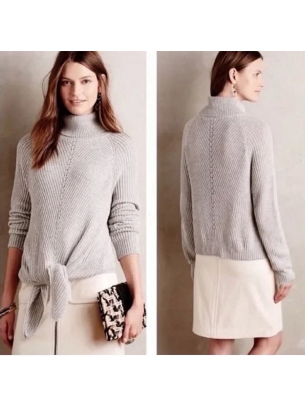 Anthropologie Moth Ribbed Knit Turtleneck Sweater Sz XS Tie Front